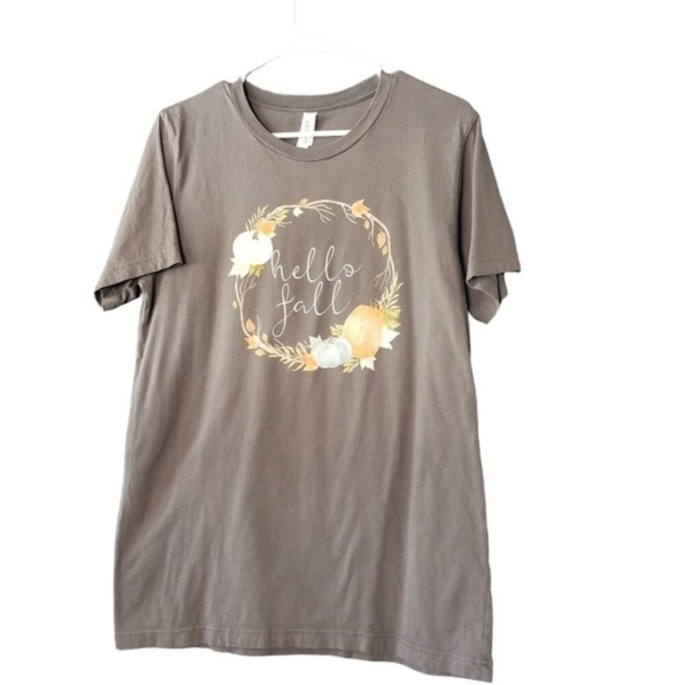 Hello Fall Pumpkin Tee Shirt Short Sleeve Gray Size M